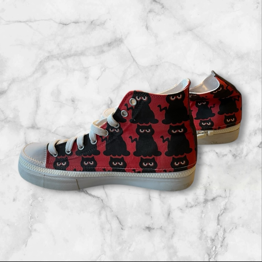 Women’s size 9 black cat design high top sneakers, for those with humor.
